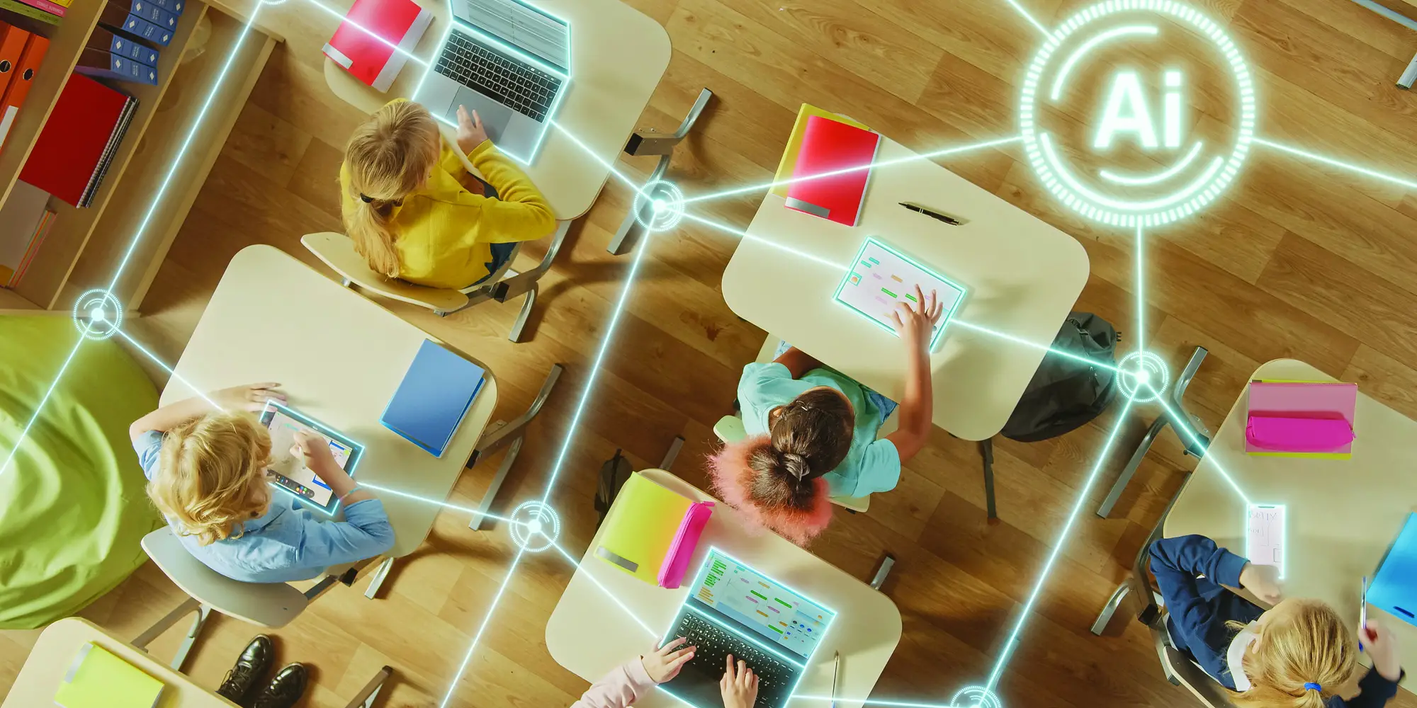Overhead shot of students in a classroom using computers